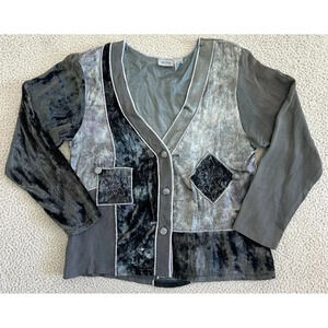 Vintage Button Kimono Jacket Womens Medium Beaded Velvet Patch Art to Wear